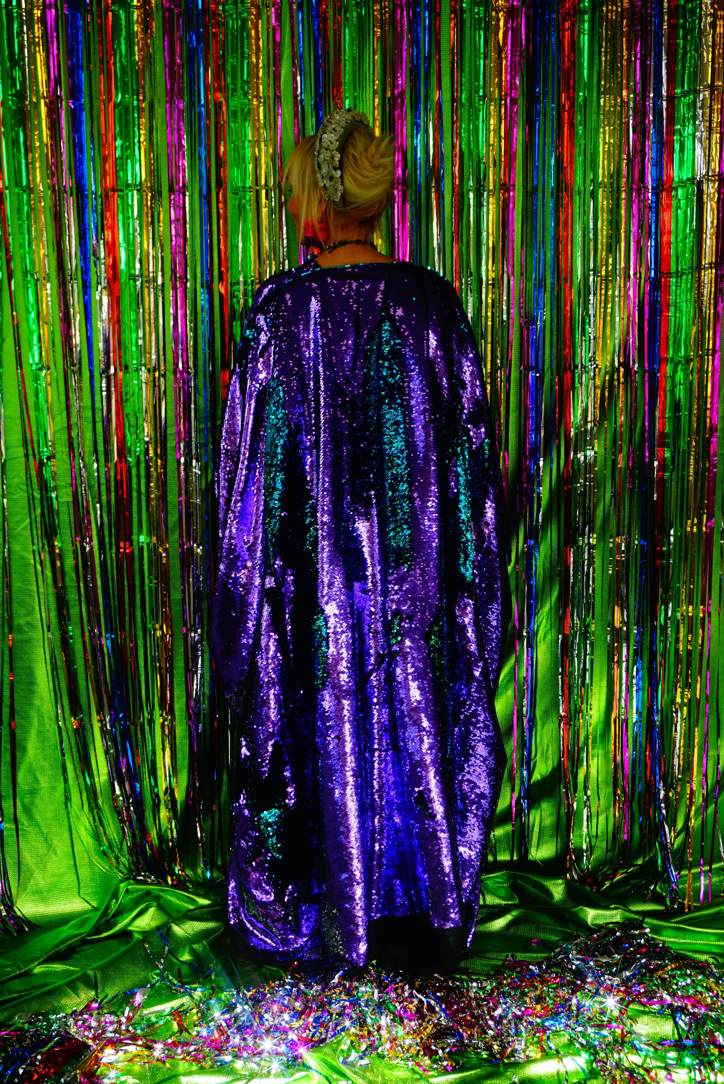 Flip Sequins V-neck Kaftan Party Frock. Super Sparkles! Blue and Purple