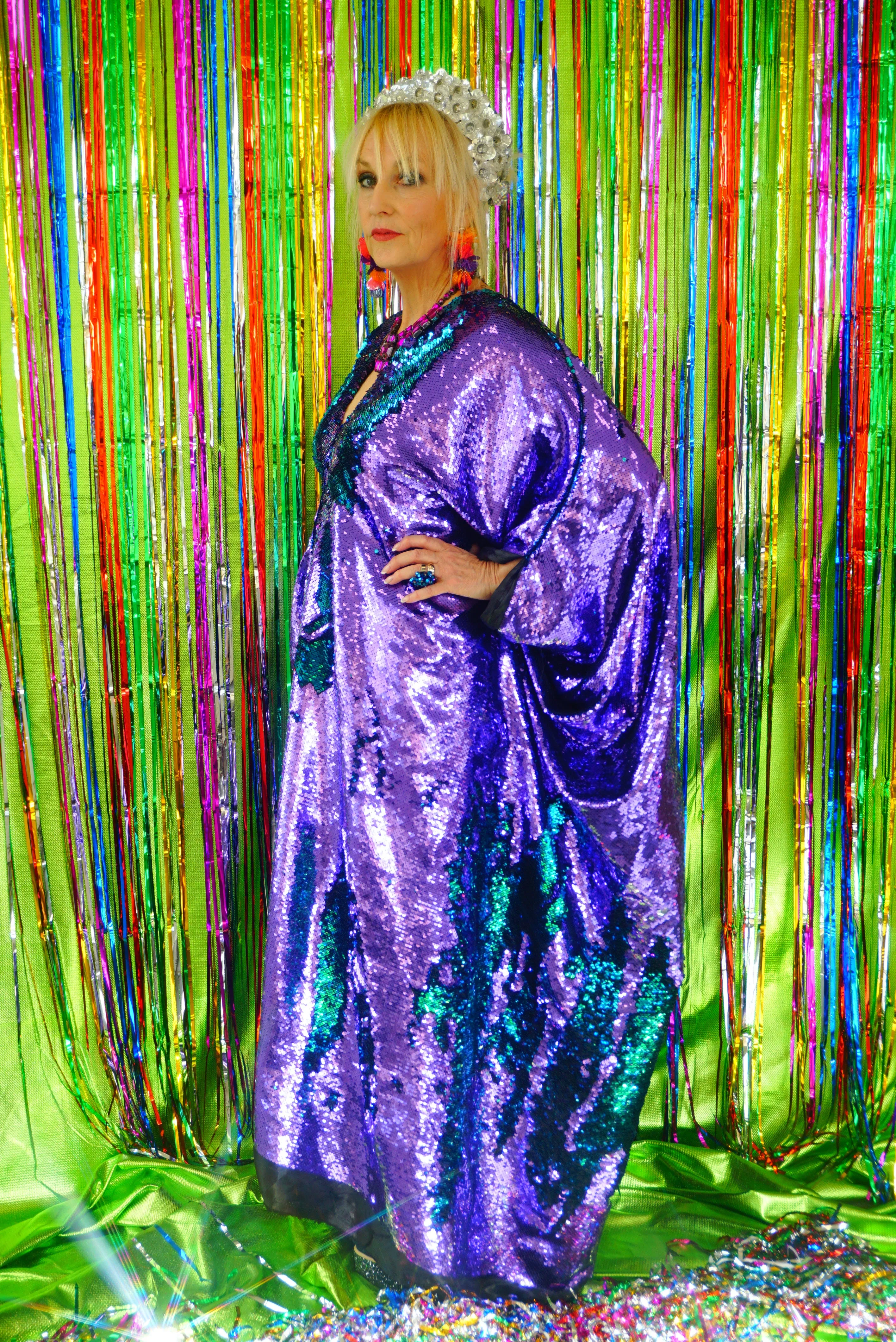 Flip Sequins V-neck Kaftan Party Frock. Super Sparkles! Blue and Purple
