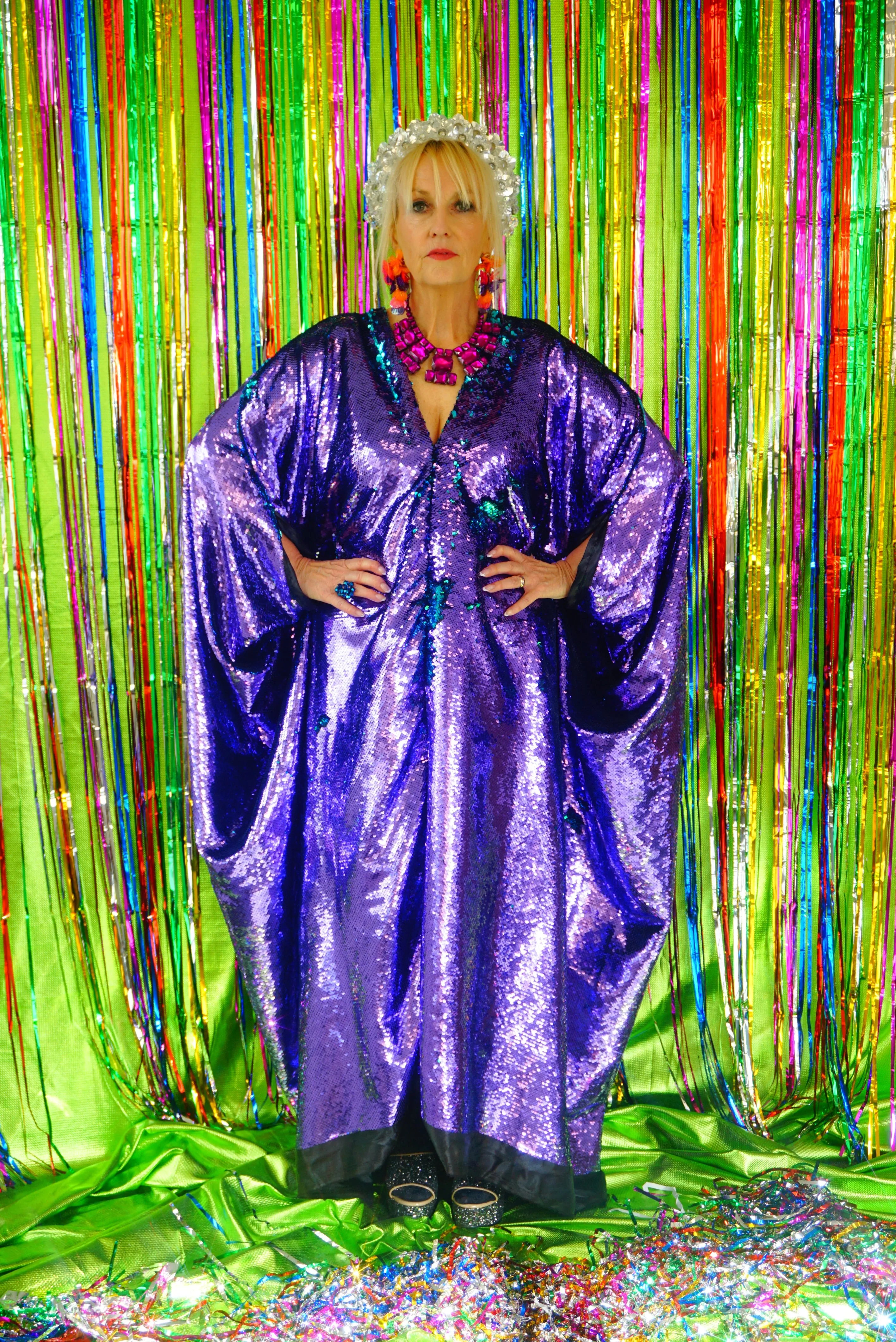 Flip Sequins V-neck Kaftan Party Frock. Super Sparkles! Blue and Purple