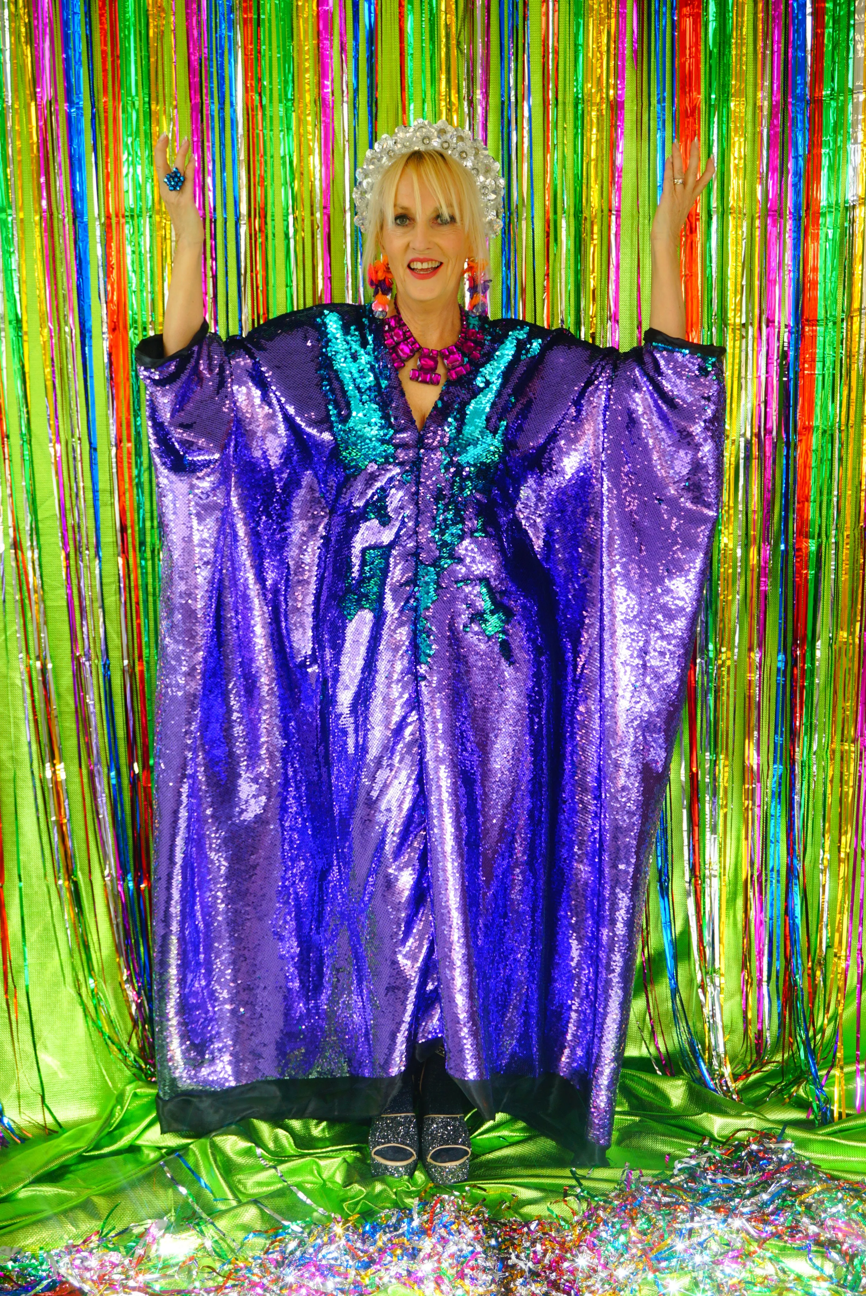 Flip Sequins V-neck Kaftan Party Frock. Super Sparkles! Blue and Purple