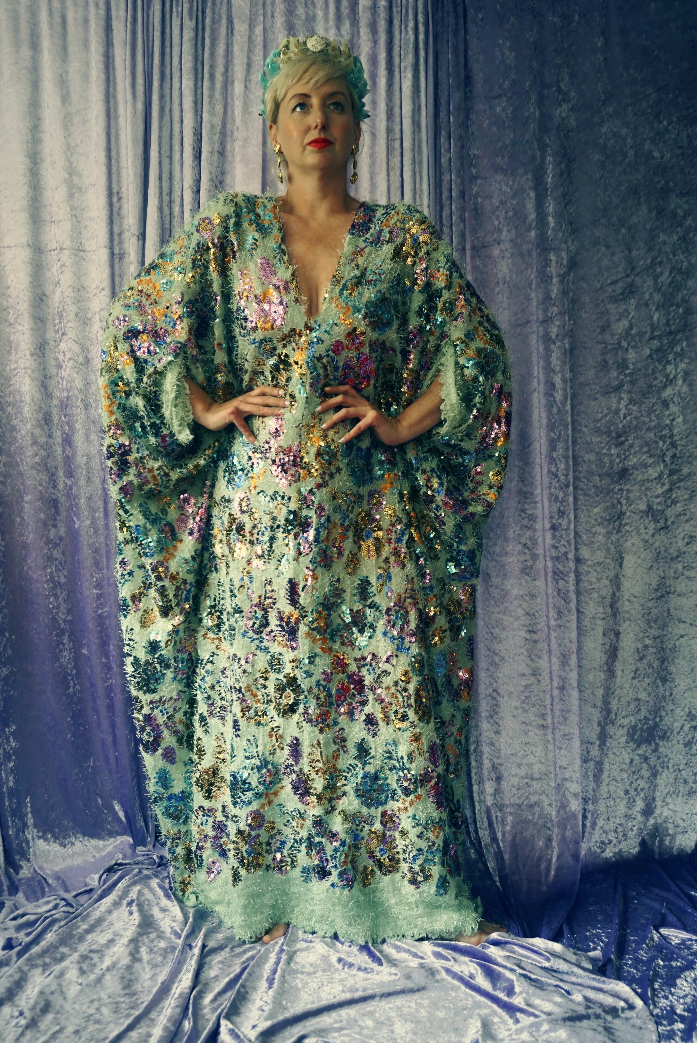 Fuzzy Eyelash in Mint and floral sequins