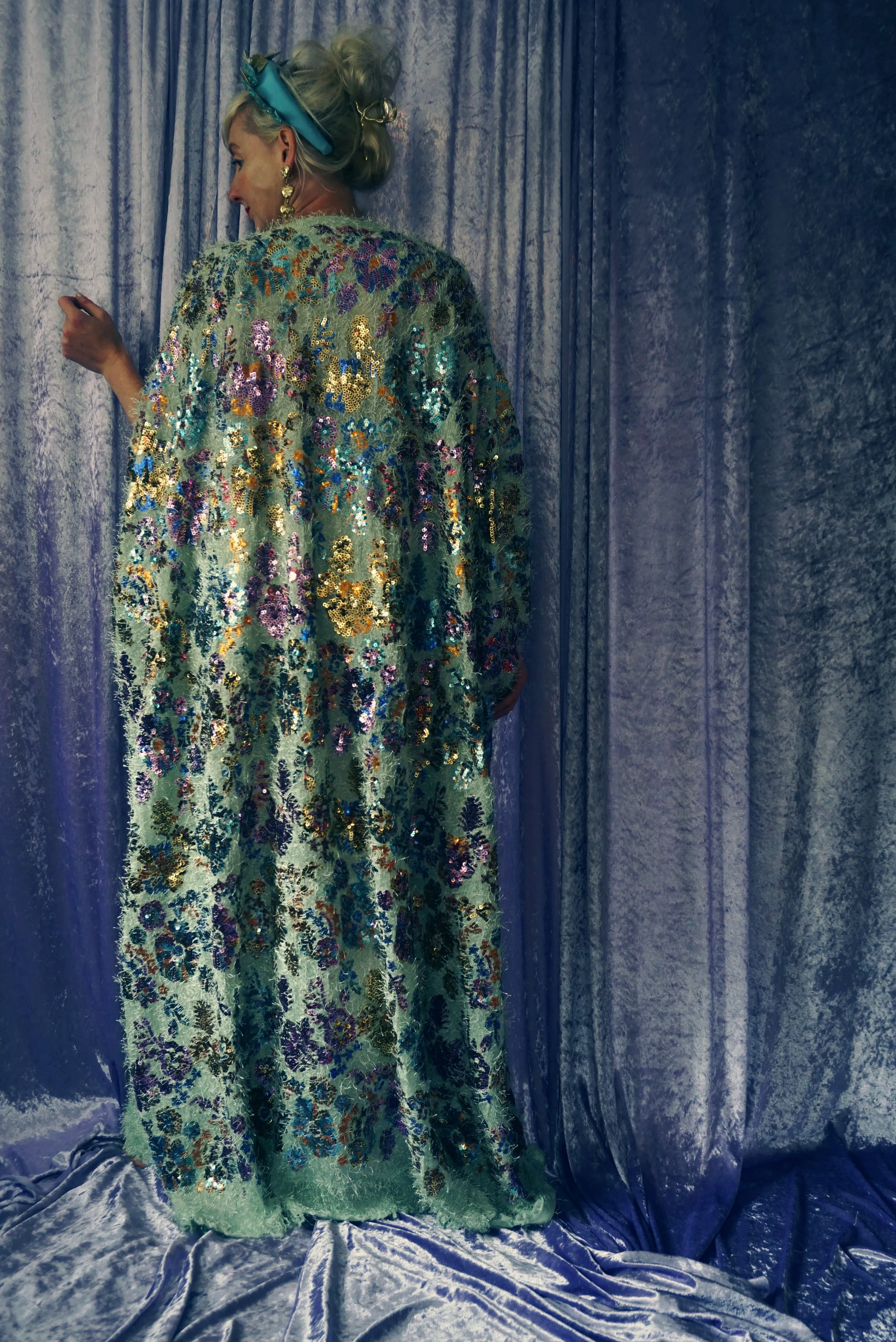 Fuzzy Eyelash in Mint and floral sequins