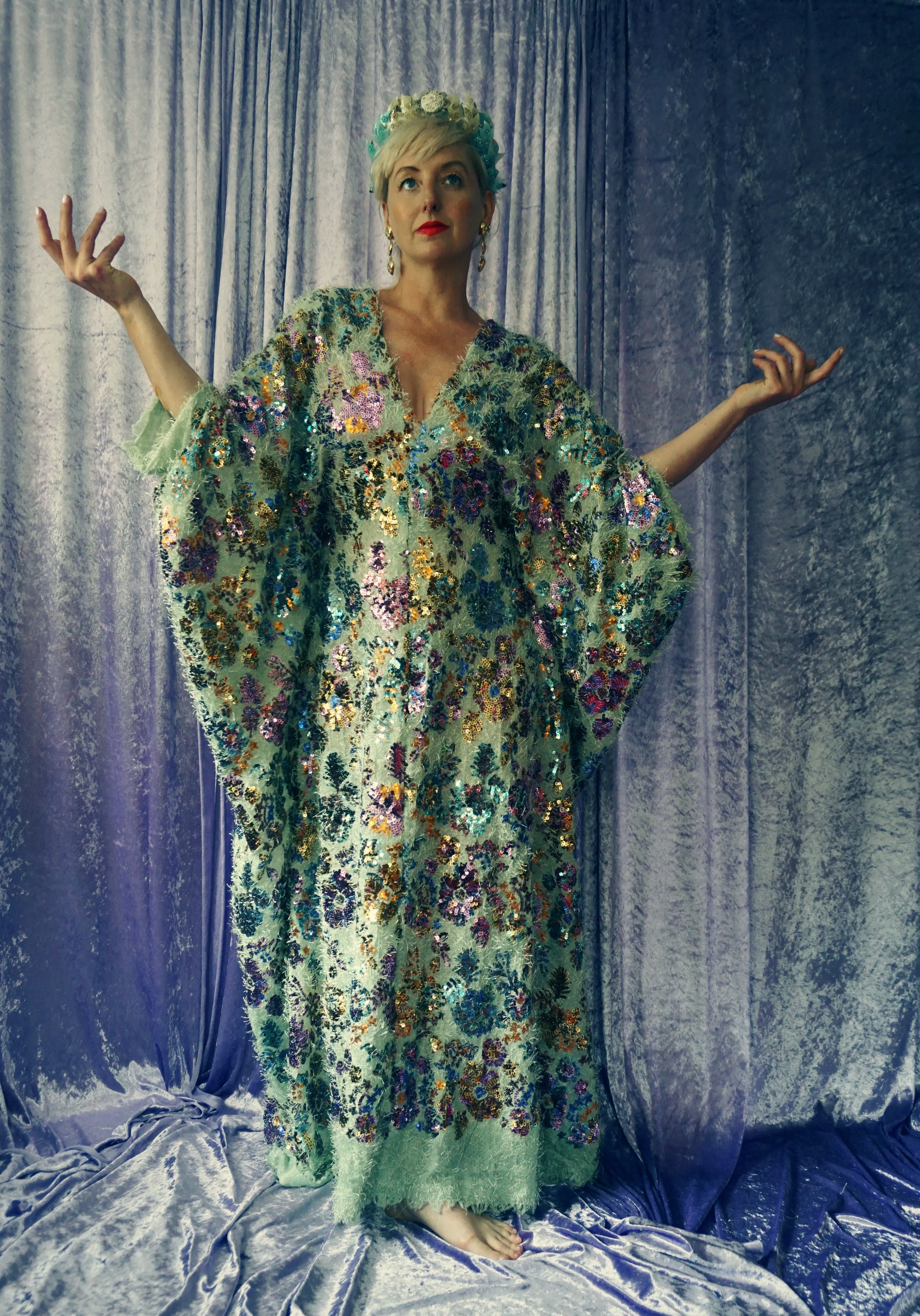 Fuzzy Eyelash in Mint and floral sequins