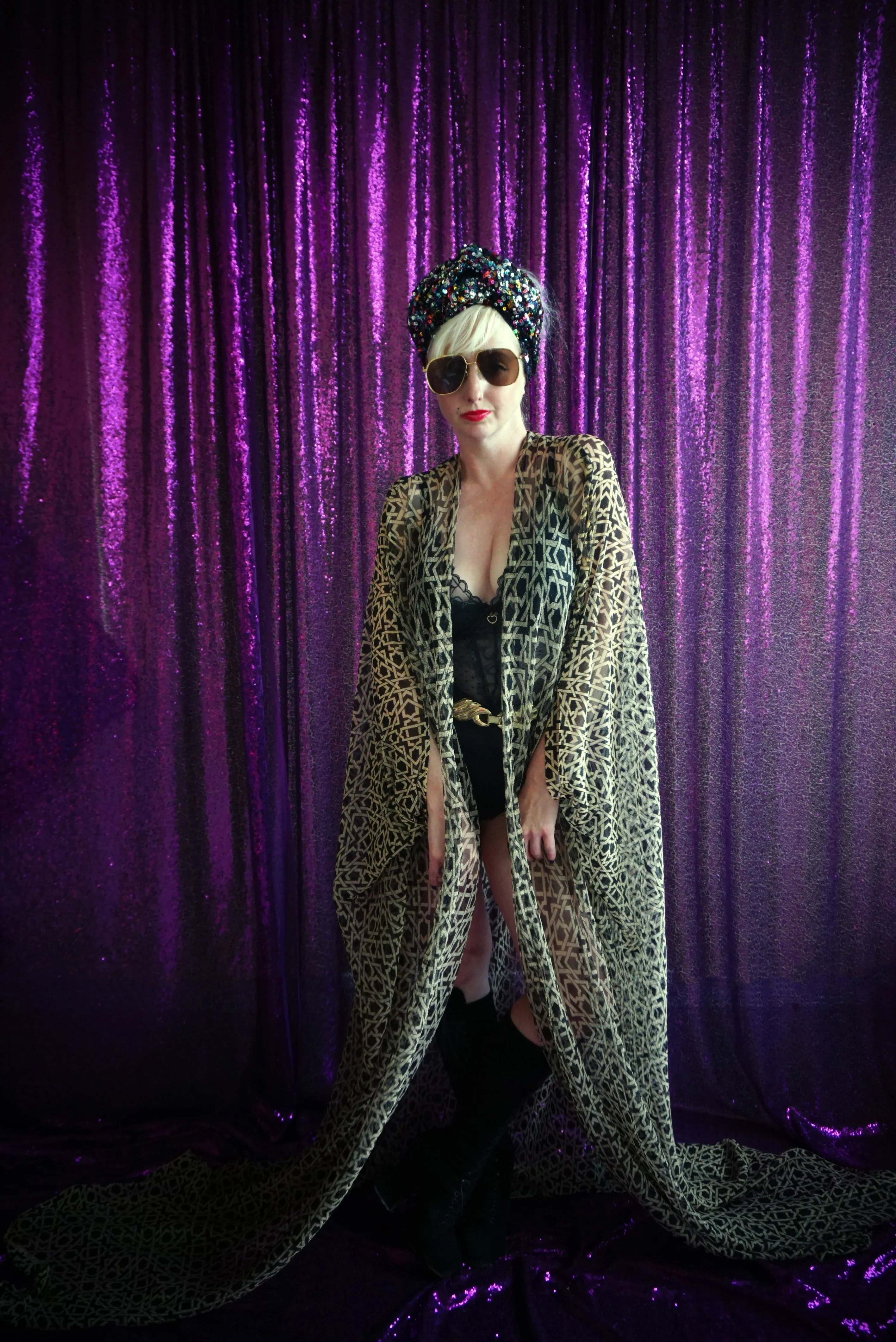 Glittered Mesh Gold Star Lurex Kimono Robe