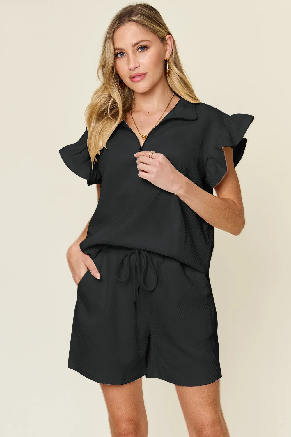 Golden Isle Texture Flounce Sleeve Top and Drawstring Shorts Set