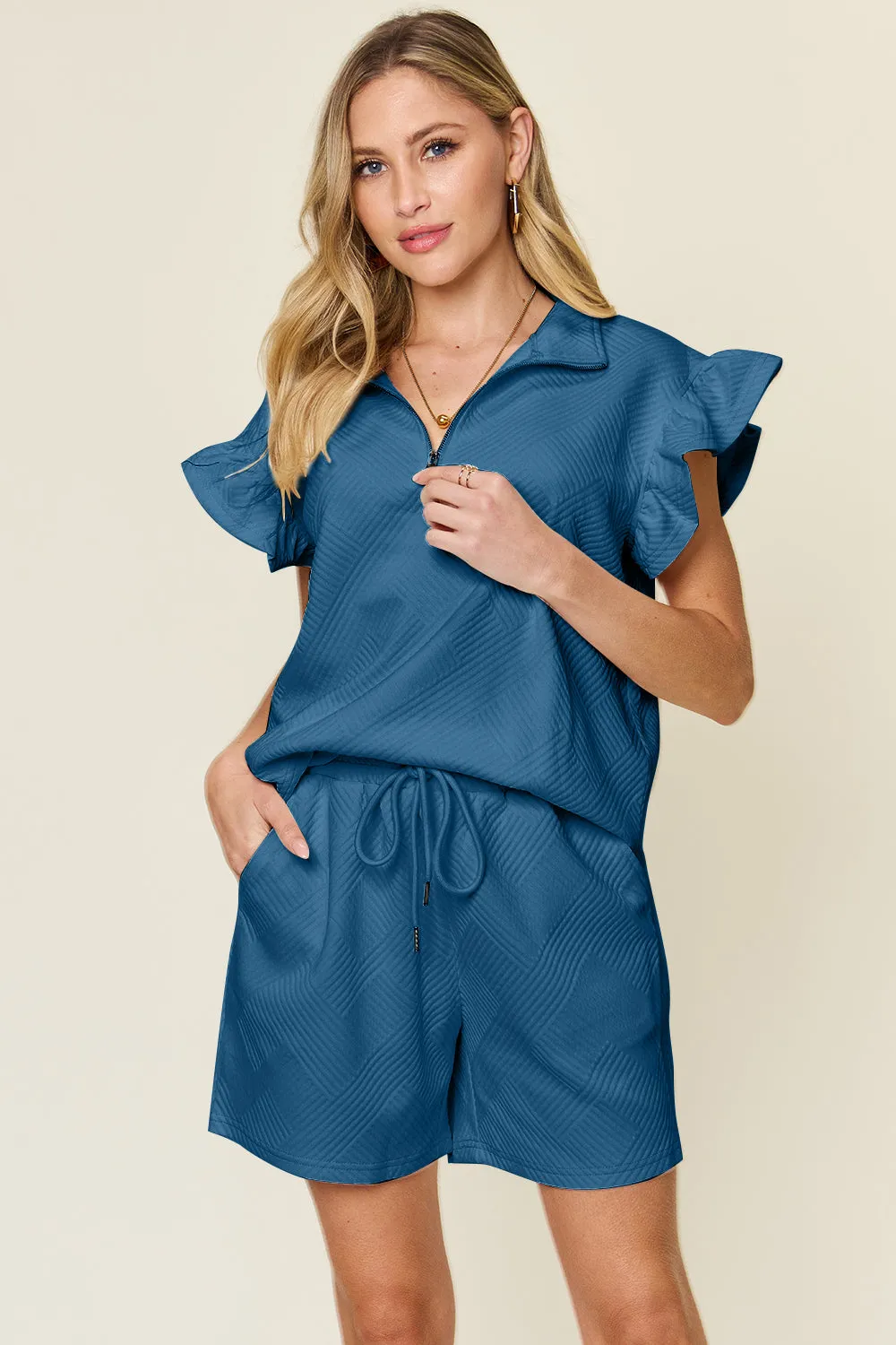 Golden Isle Texture Flounce Sleeve Top and Drawstring Shorts Set