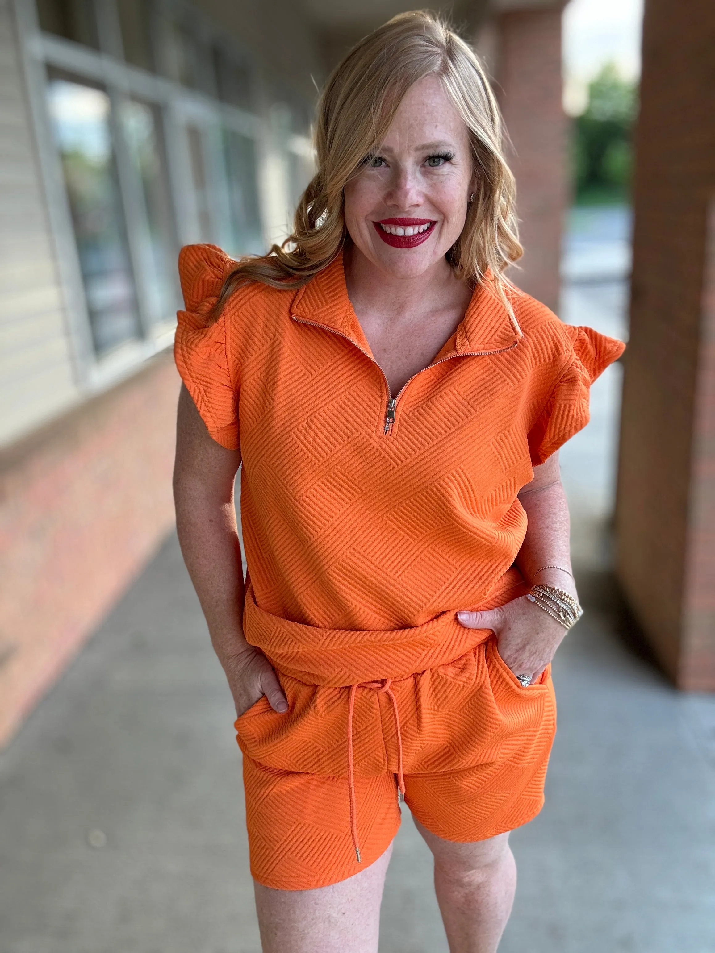 Golden Isle Texture Flounce Sleeve Top and Drawstring Shorts Set