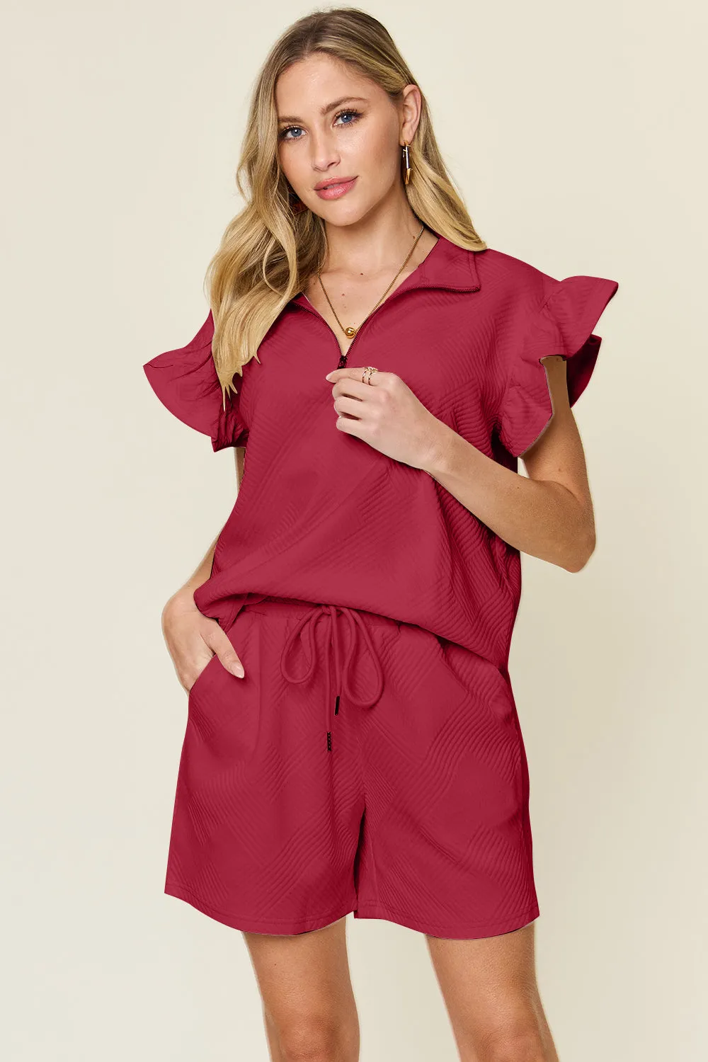 Golden Isle Texture Flounce Sleeve Top and Drawstring Shorts Set