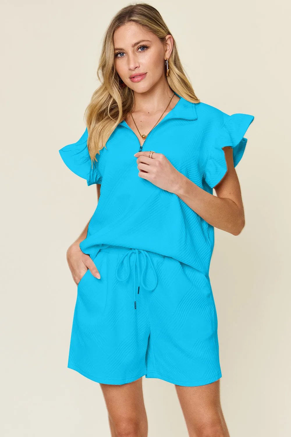 Golden Isle Texture Flounce Sleeve Top and Drawstring Shorts Set