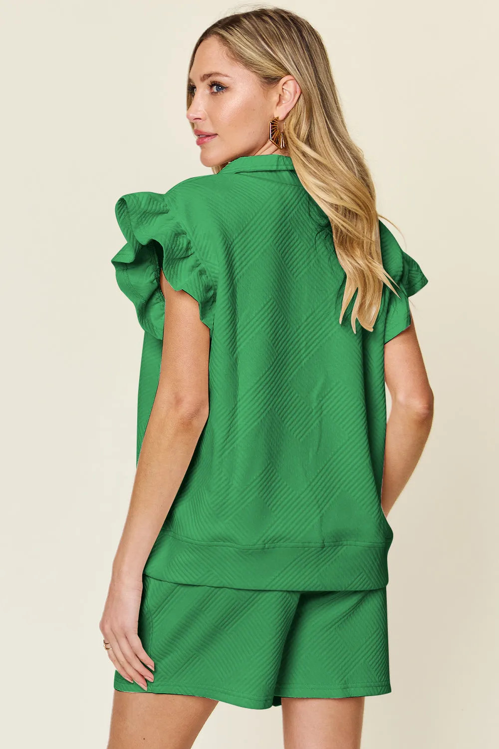Golden Isle Texture Flounce Sleeve Top and Drawstring Shorts Set