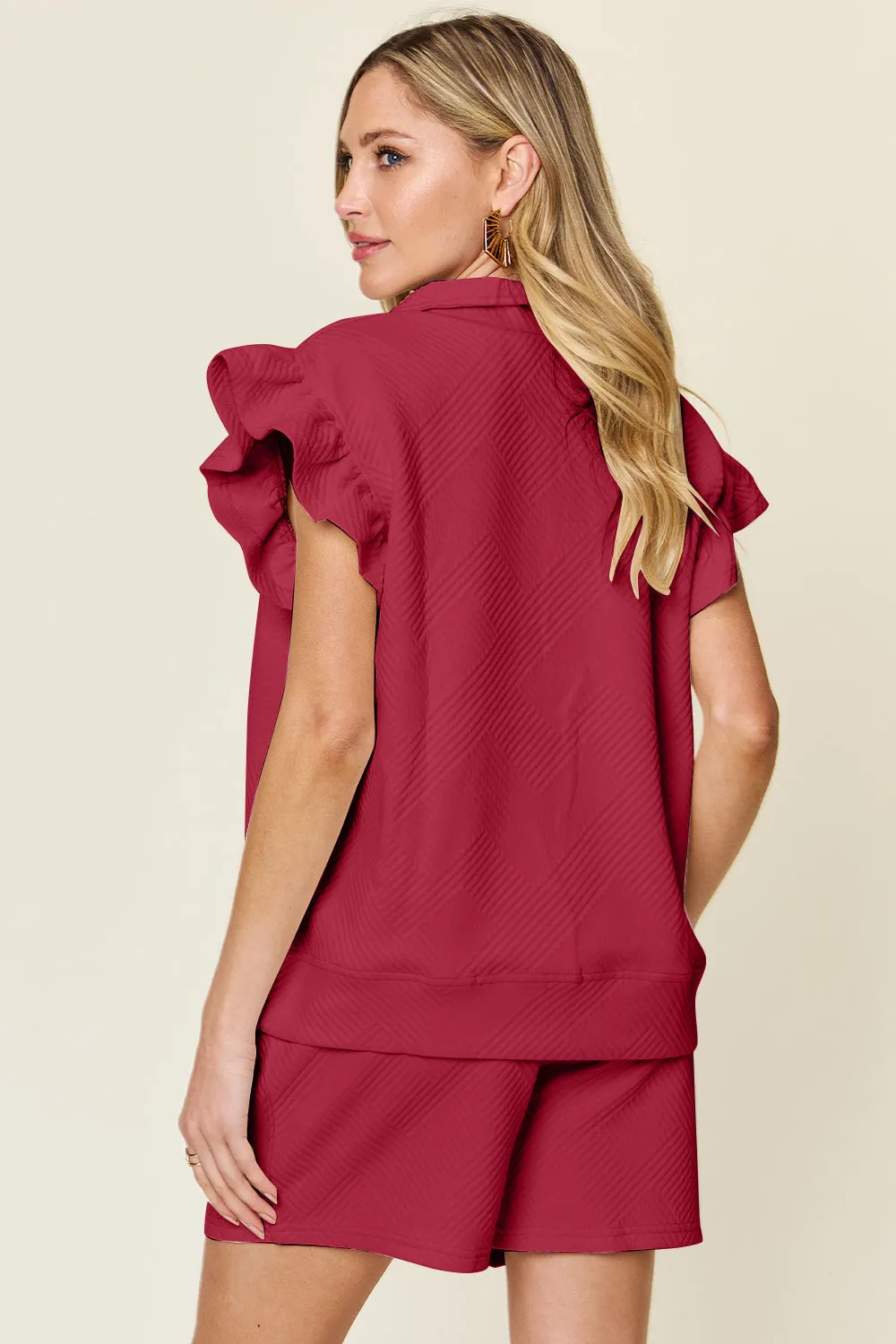 Golden Isle Texture Flounce Sleeve Top and Drawstring Shorts Set