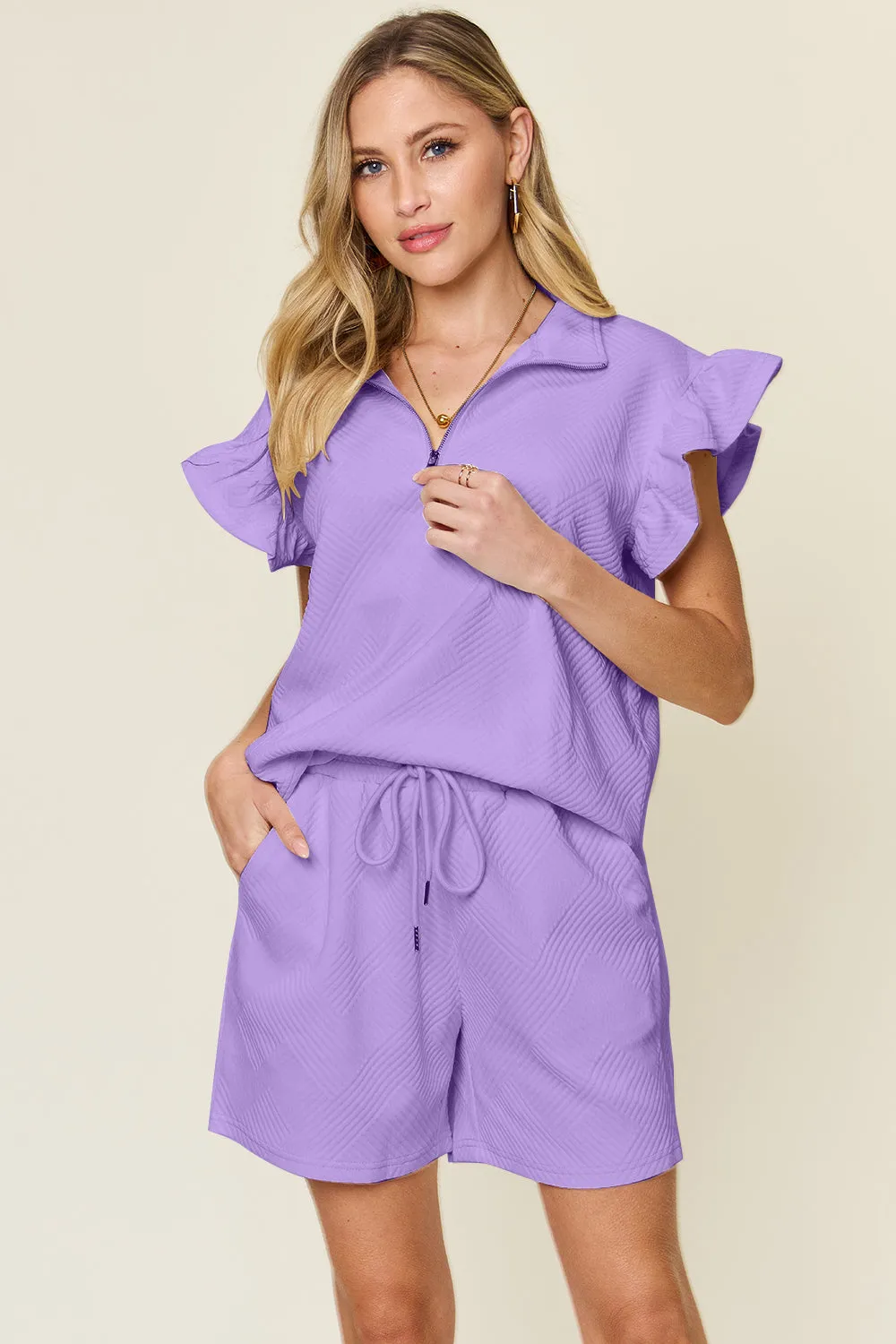 Golden Isle Texture Flounce Sleeve Top and Drawstring Shorts Set