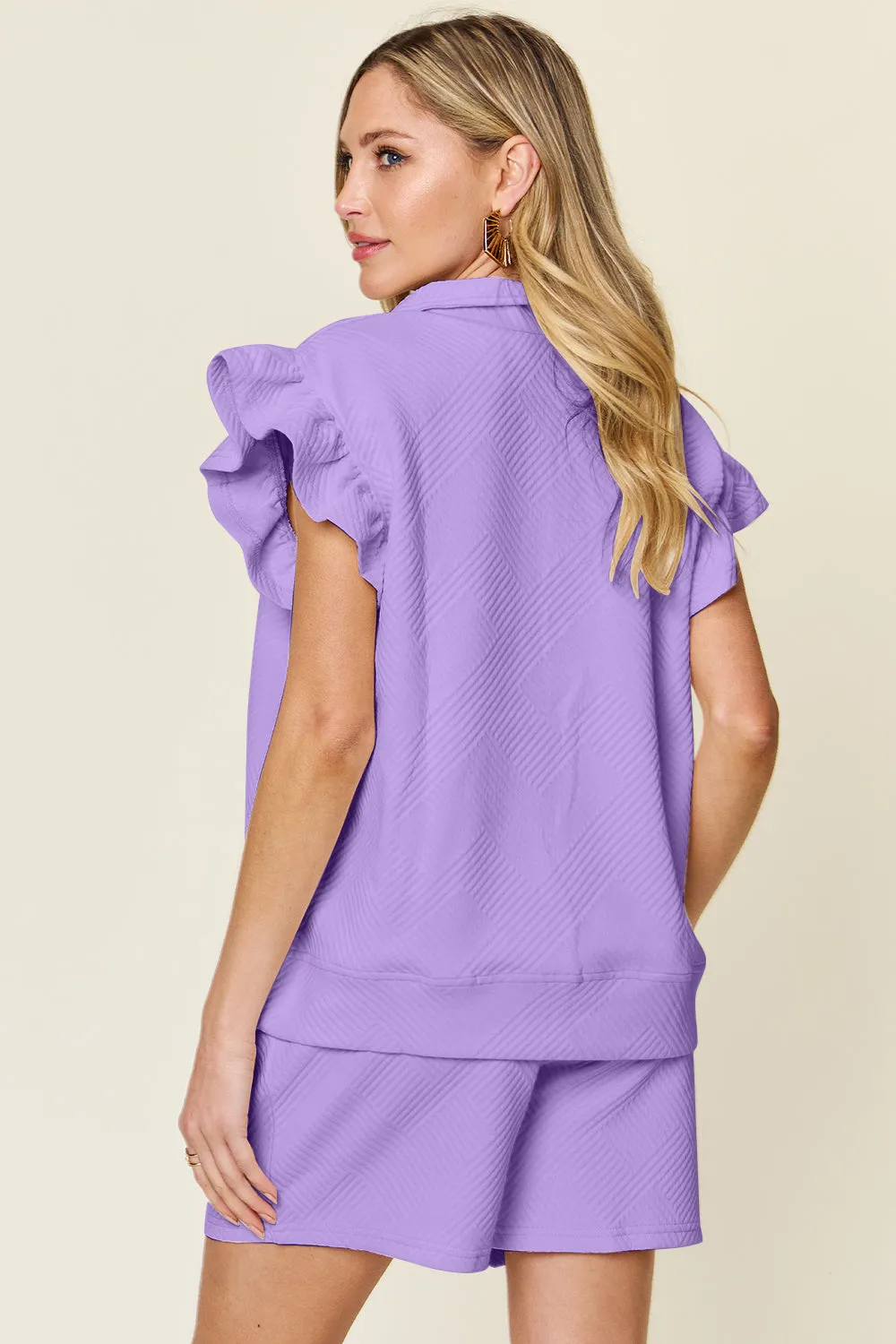 Golden Isle Texture Flounce Sleeve Top and Drawstring Shorts Set