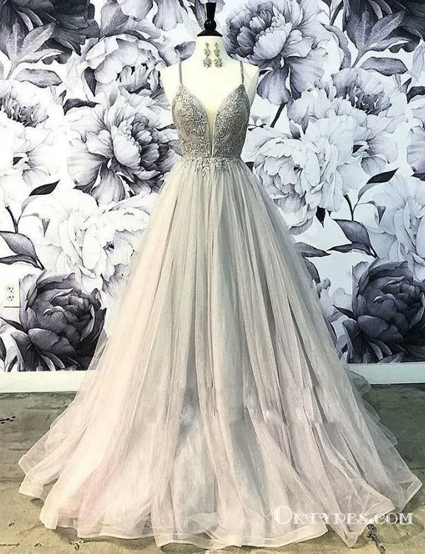 Gray Spaghetti Straps Appliques Long Cheap Evening Party Prom Dresses, TYP1742