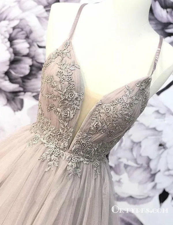 Gray Spaghetti Straps Appliques Long Cheap Evening Party Prom Dresses, TYP1742