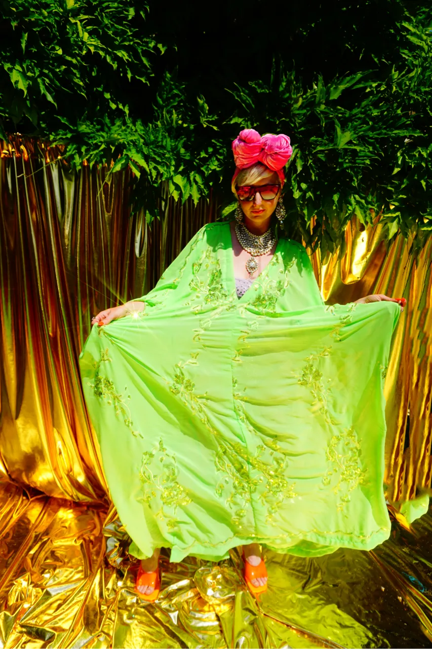 Green Chiffon Sequin Kaftan Gown / Kimono Robe