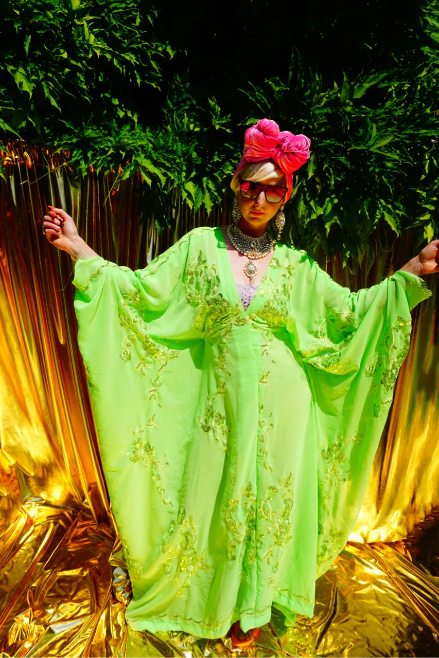 Green Chiffon Sequin Kaftan Gown / Kimono Robe