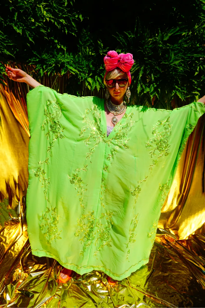 Green Chiffon Sequin Kaftan Gown / Kimono Robe