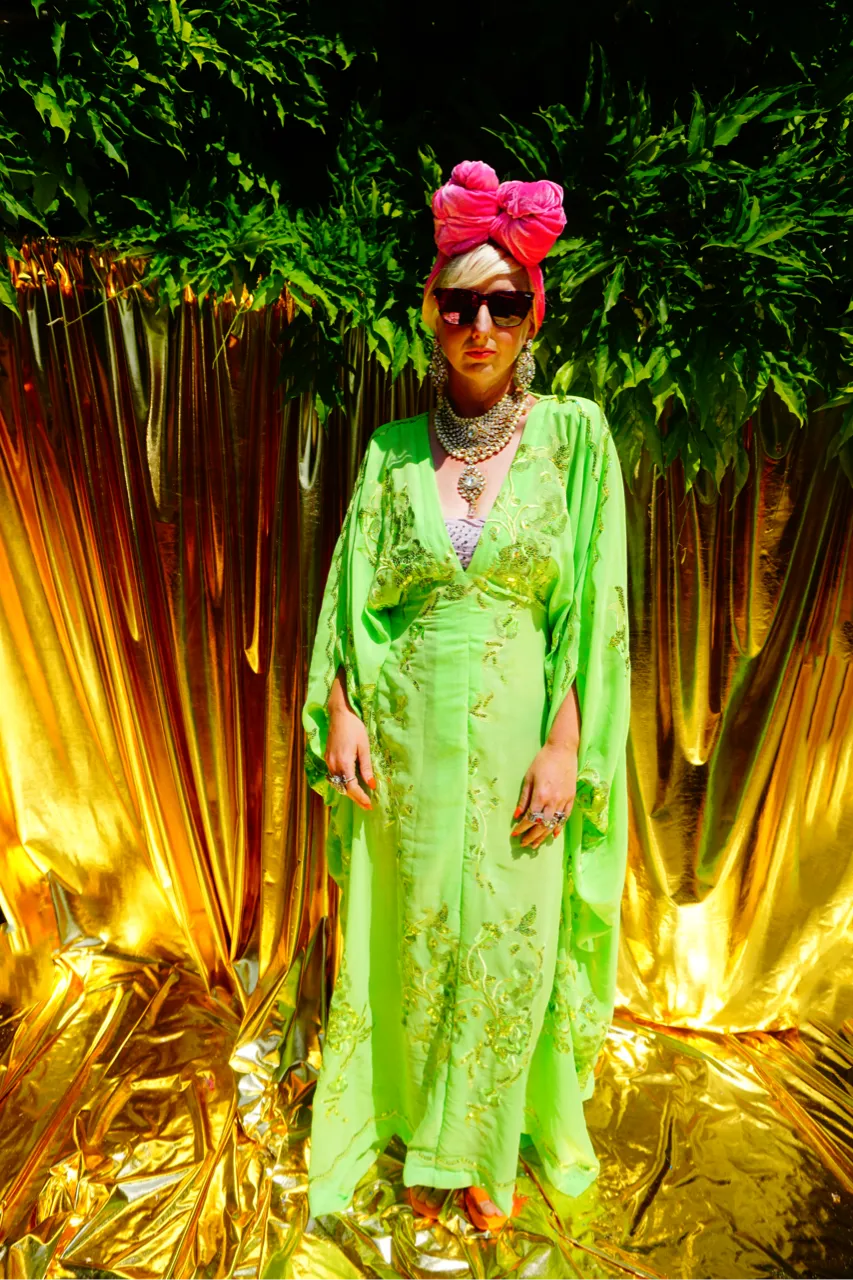 Green Chiffon Sequin Kaftan Gown / Kimono Robe