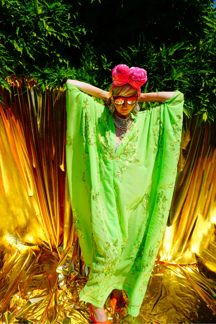 Green Chiffon Sequin Kaftan Gown / Kimono Robe