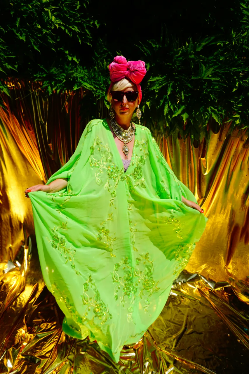 Green Chiffon Sequin Kaftan Gown / Kimono Robe