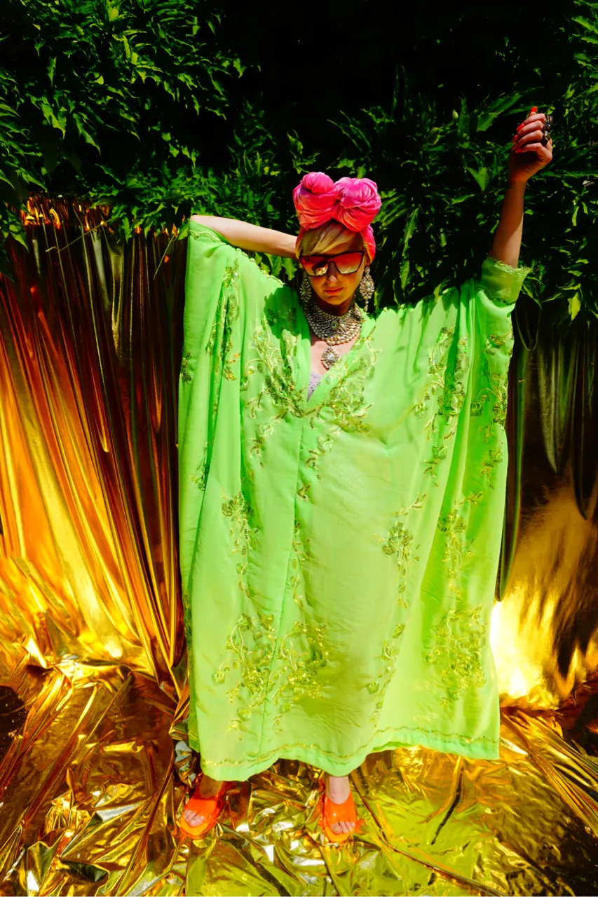 Green Chiffon Sequin Kaftan Gown / Kimono Robe
