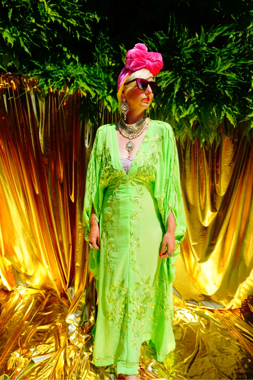 Green Chiffon Sequin Kaftan Gown / Kimono Robe