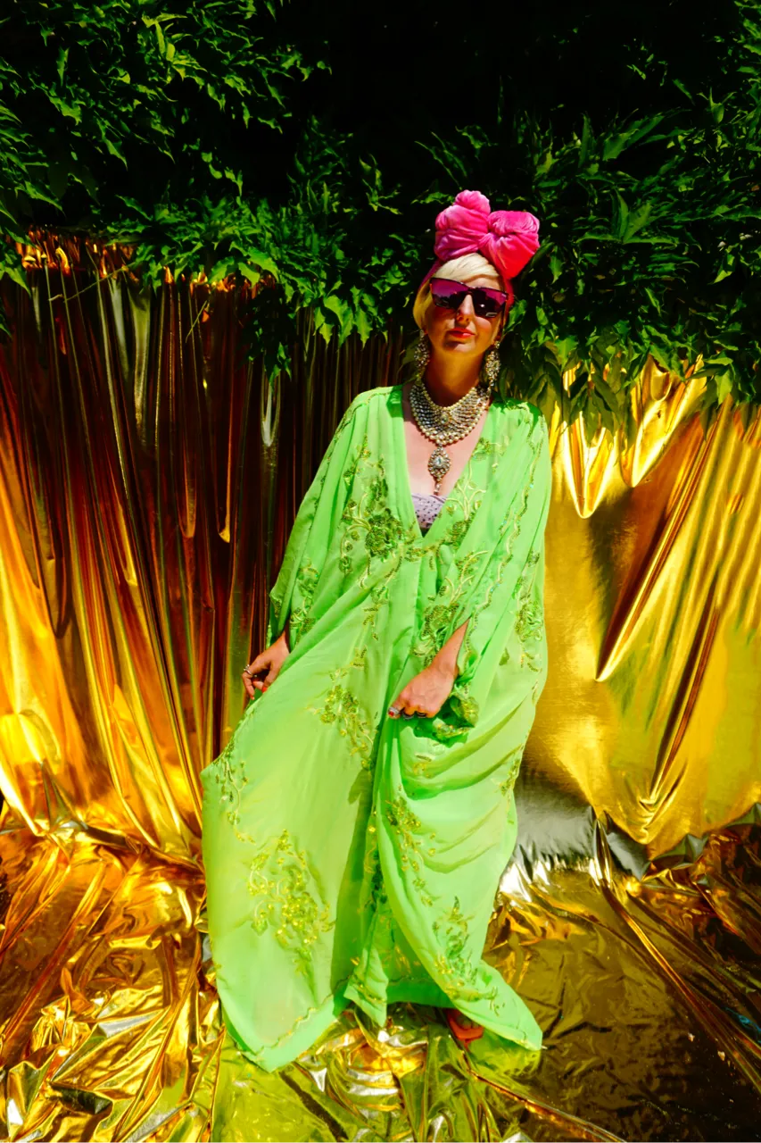 Green Chiffon Sequin Kaftan Gown / Kimono Robe