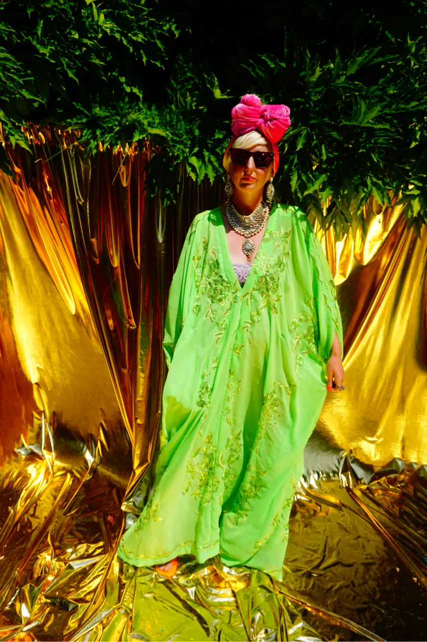 Green Chiffon Sequin Kaftan Gown / Kimono Robe