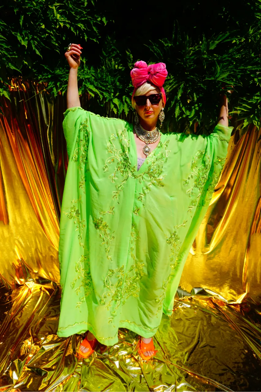 Green Chiffon Sequin Kaftan Gown / Kimono Robe