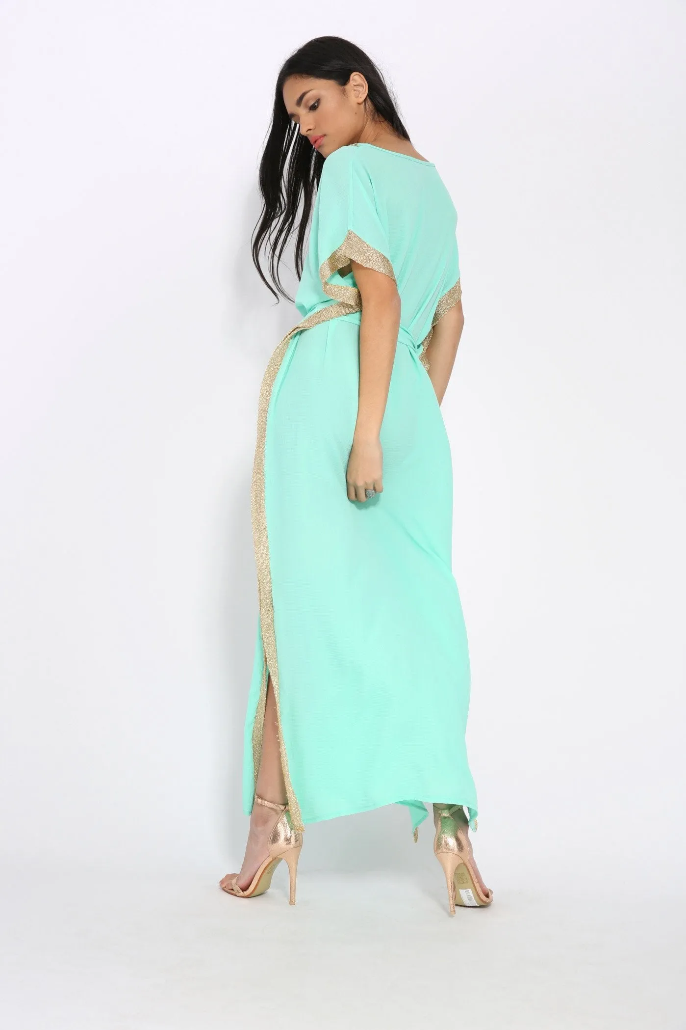 Green Kaftan Maxi Dress With Gold Trim