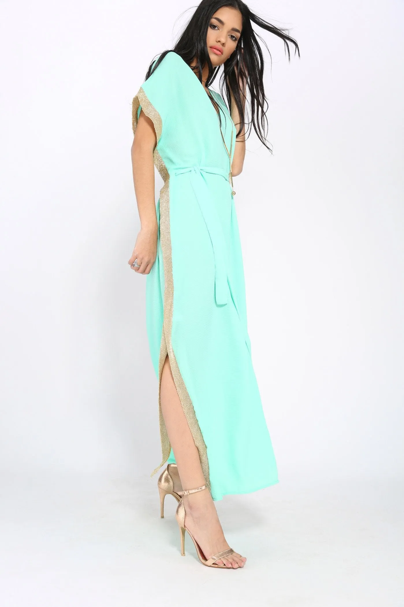 Green Kaftan Maxi Dress With Gold Trim