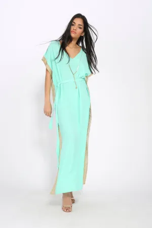 Green Kaftan Maxi Dress With Gold Trim