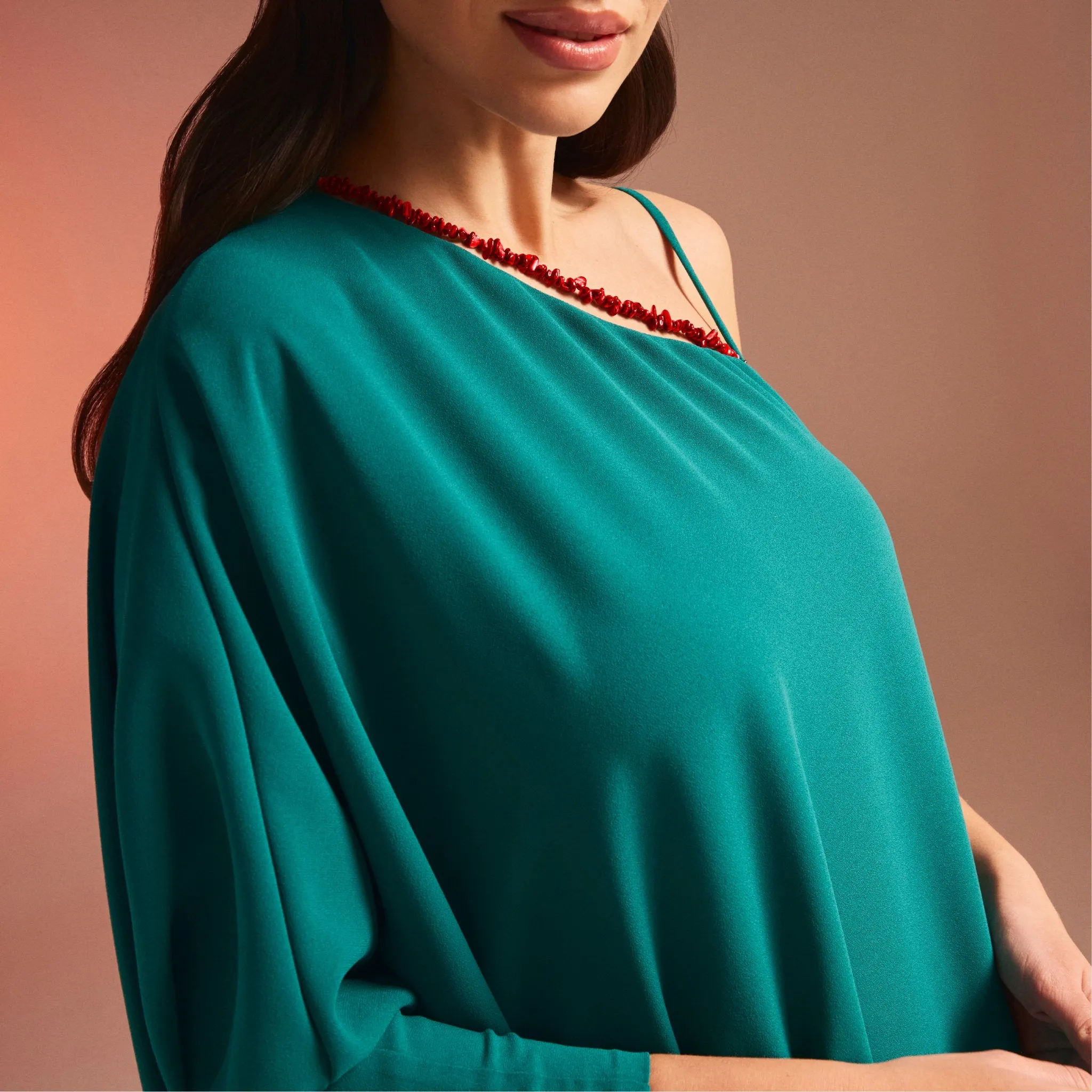 Green One Shoulder Long Sleeve Crepe Dress