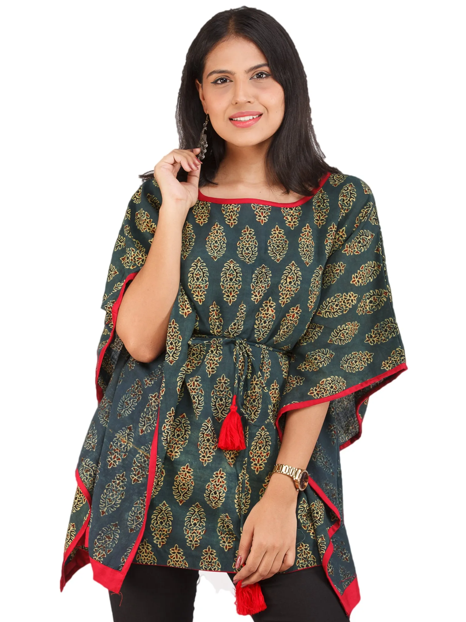 Green Yellow Red Ajrakh Hand Block Printed Kaftan - K159F1608