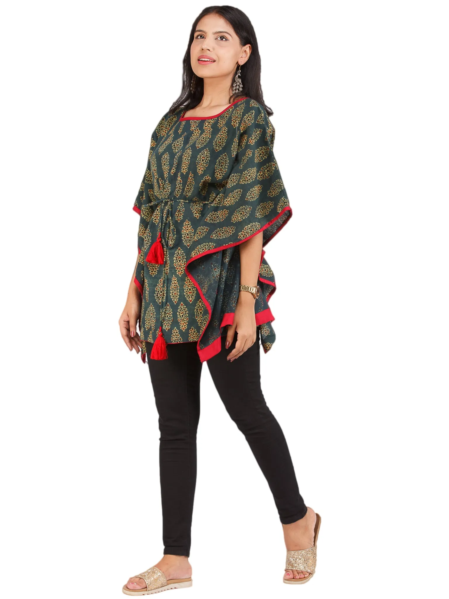 Green Yellow Red Ajrakh Hand Block Printed Kaftan - K159F1608