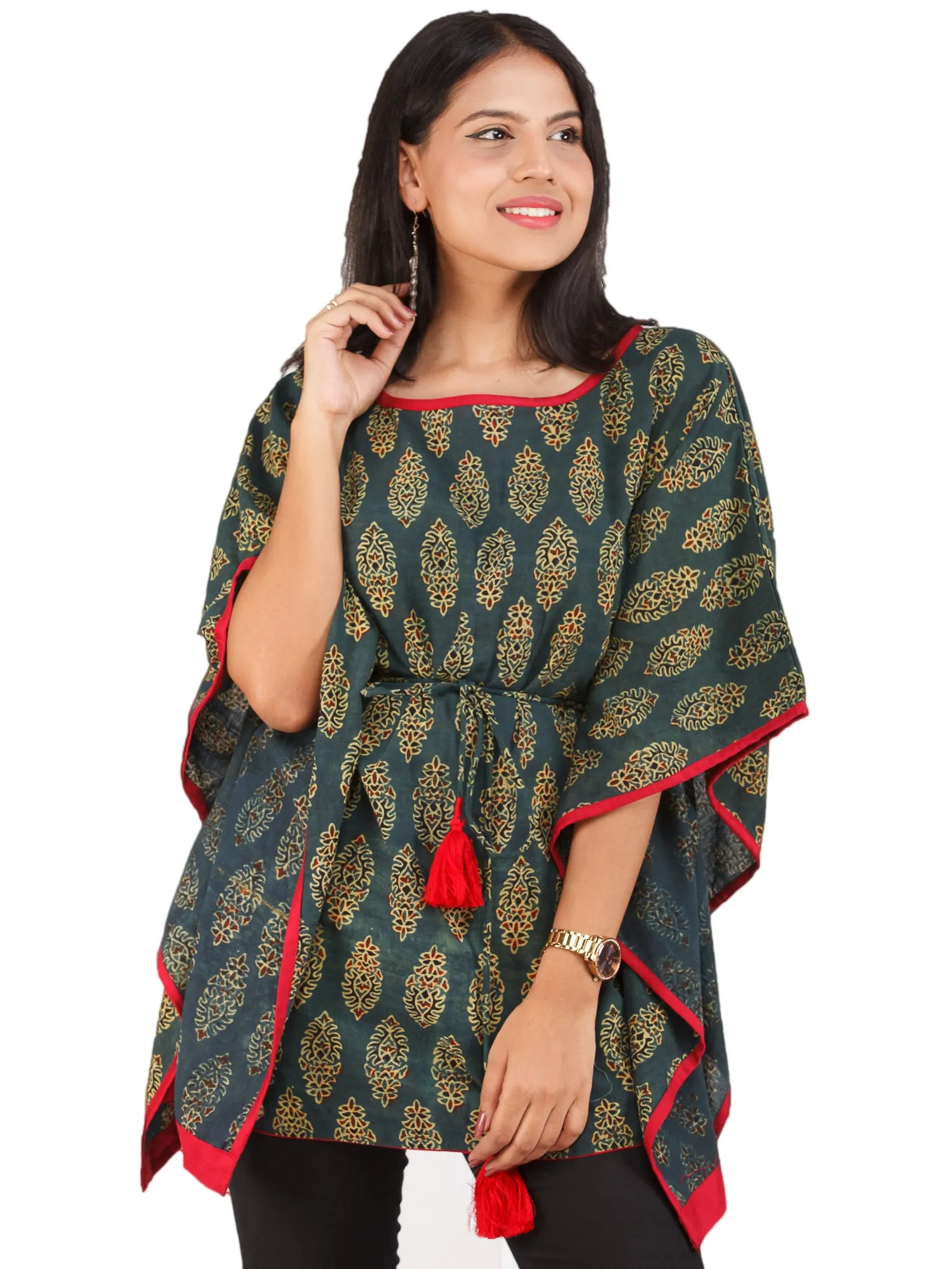 Green Yellow Red Ajrakh Hand Block Printed Kaftan - K159F1608