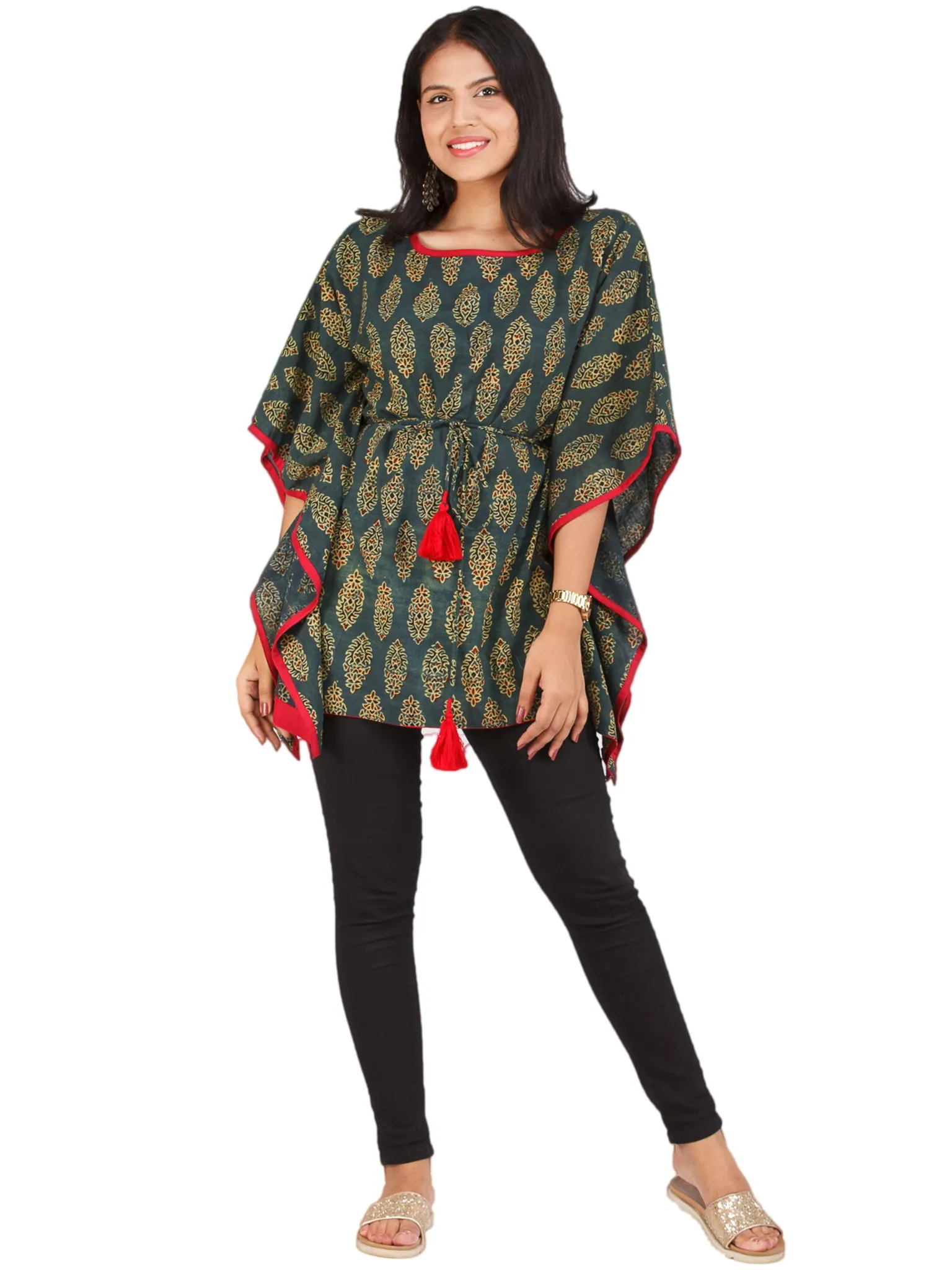 Green Yellow Red Ajrakh Hand Block Printed Kaftan - K159F1608