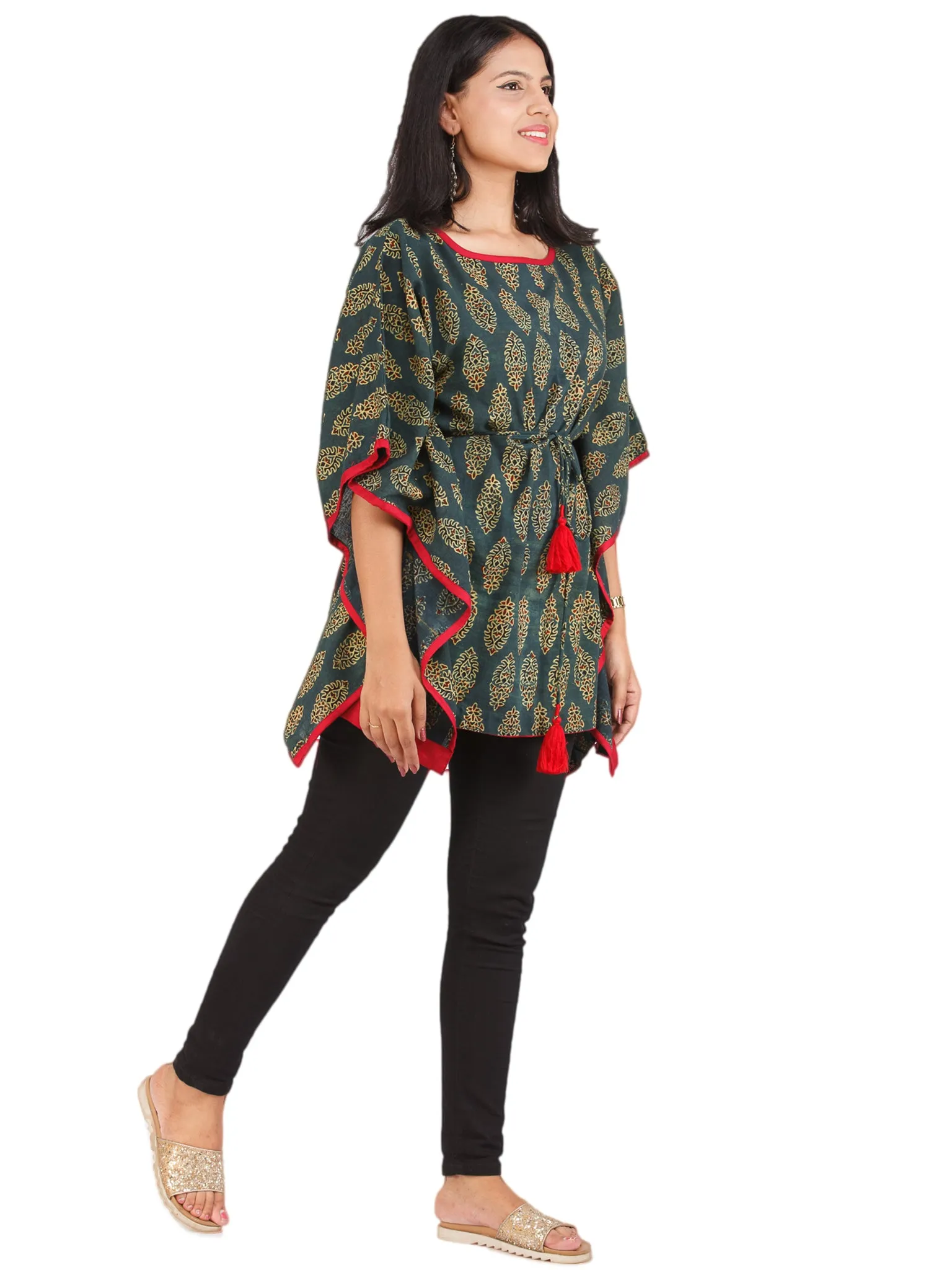 Green Yellow Red Ajrakh Hand Block Printed Kaftan - K159F1608