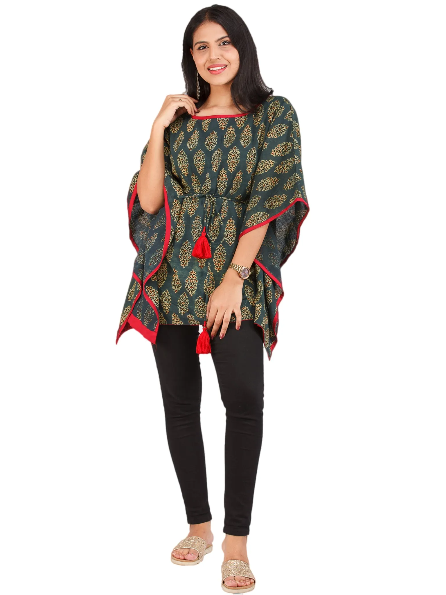 Green Yellow Red Ajrakh Hand Block Printed Kaftan - K159F1608