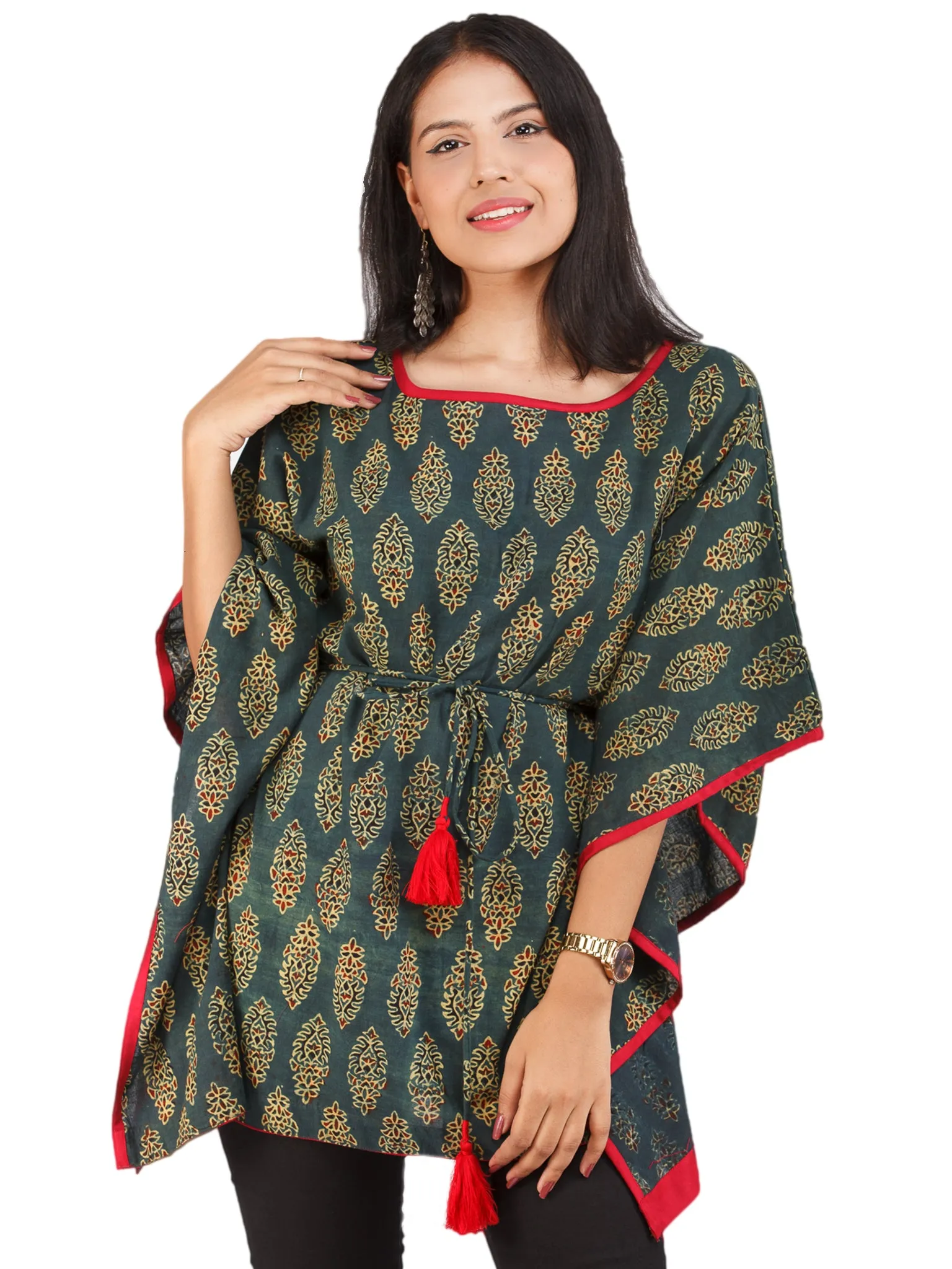 Green Yellow Red Ajrakh Hand Block Printed Kaftan - K159F1608