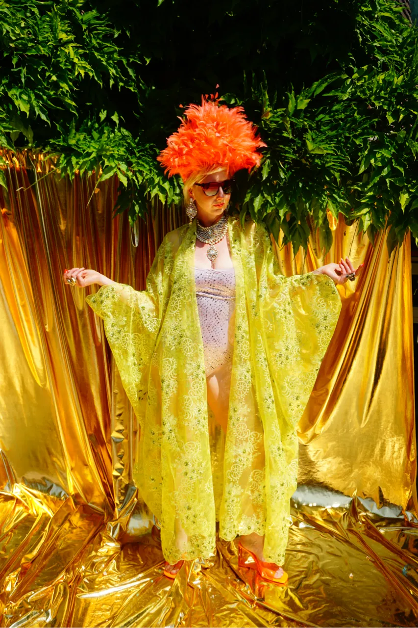 Green/Yellow Lace Jewel embroidered Kimono Robe