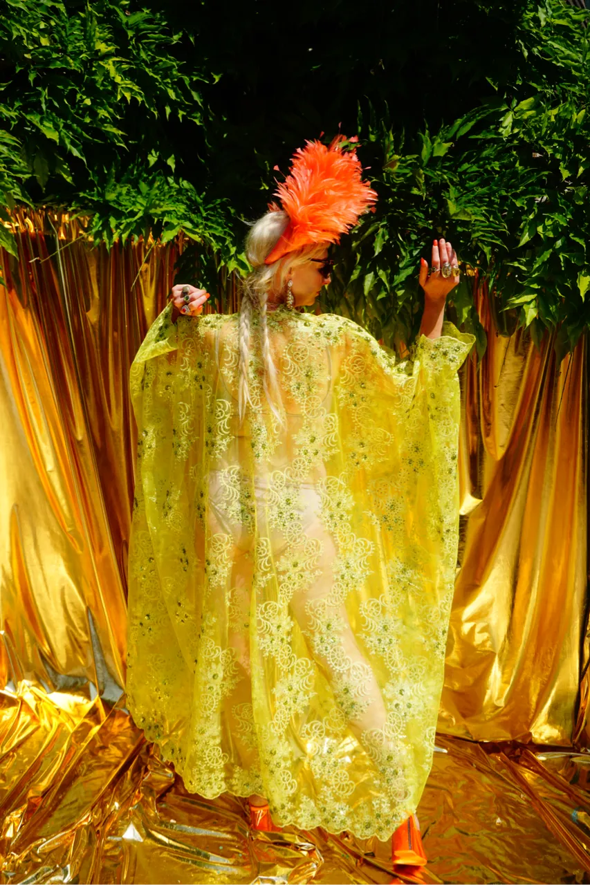 Green/Yellow Lace Jewel embroidered Kimono Robe