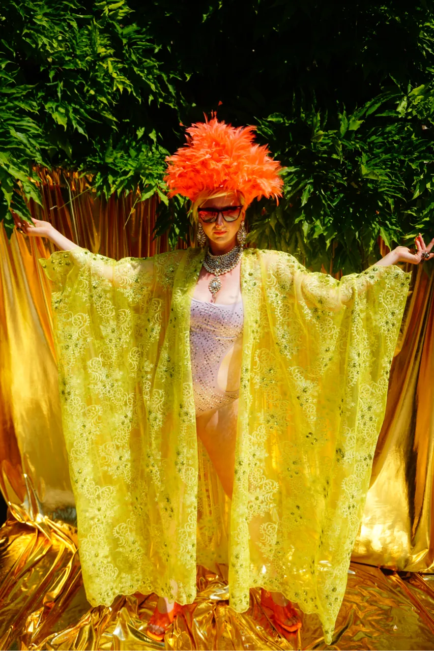 Green/Yellow Lace Jewel embroidered Kimono Robe