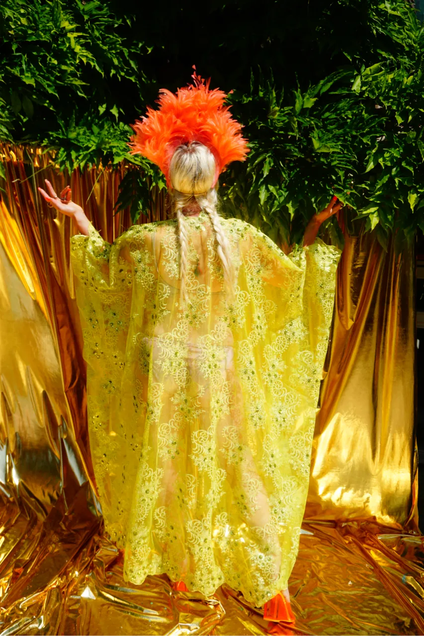 Green/Yellow Lace Jewel embroidered Kimono Robe