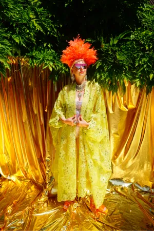 Green/Yellow Lace Jewel embroidered Kimono Robe
