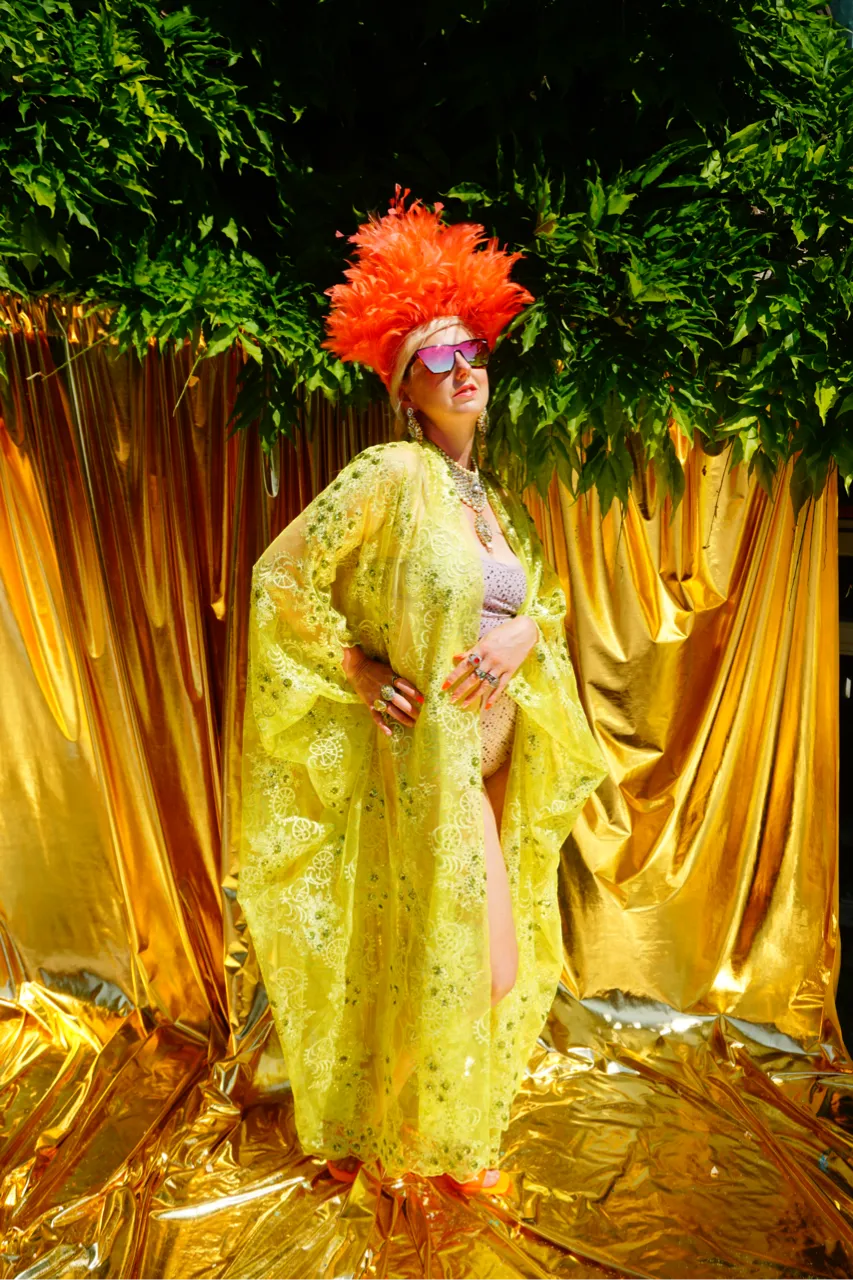 Green/Yellow Lace Jewel embroidered Kimono Robe