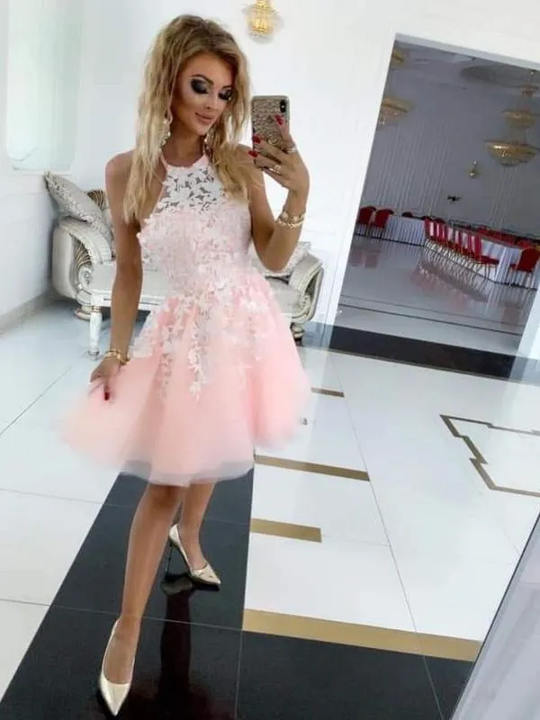 Halter Neckline Homecoming Dresses Short Prom Dresses With Appliques HD0126