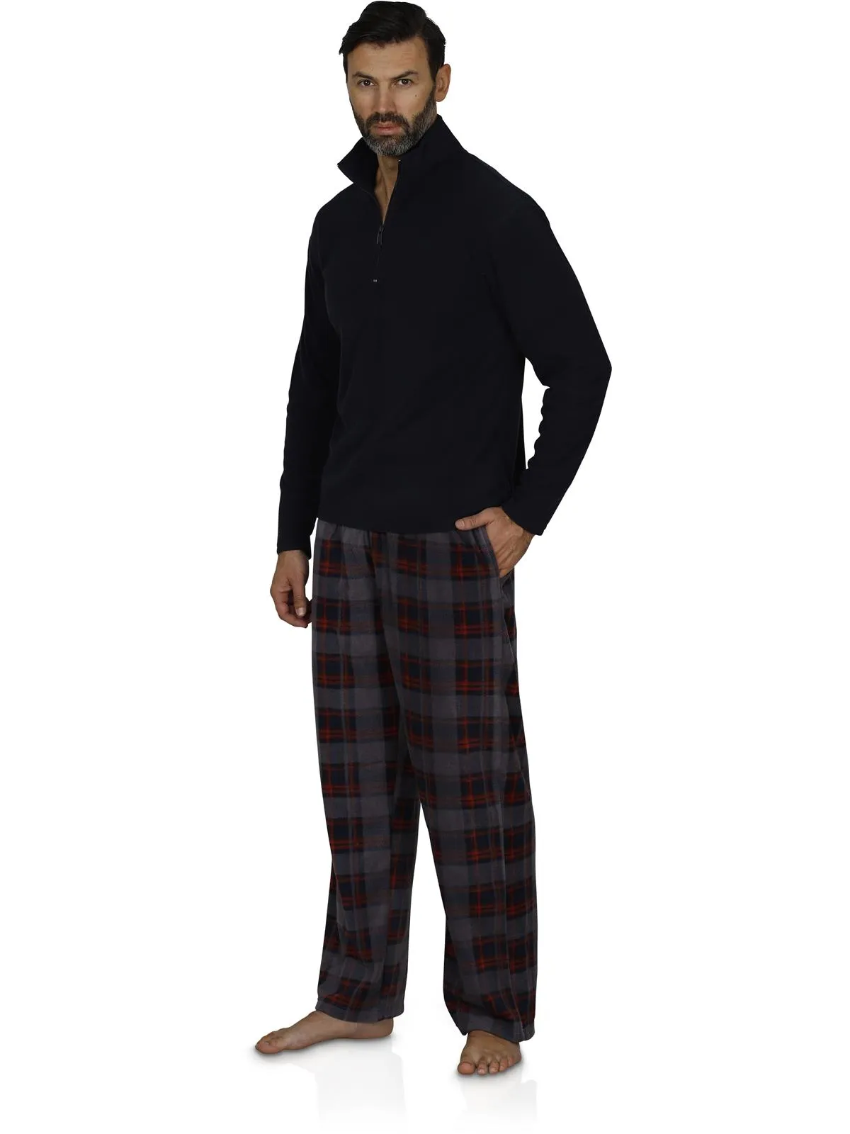 Intimo Men's Long Sleeve Solid Quarter Zip Microfleece Top and Microfleece Plaid Pant, Red