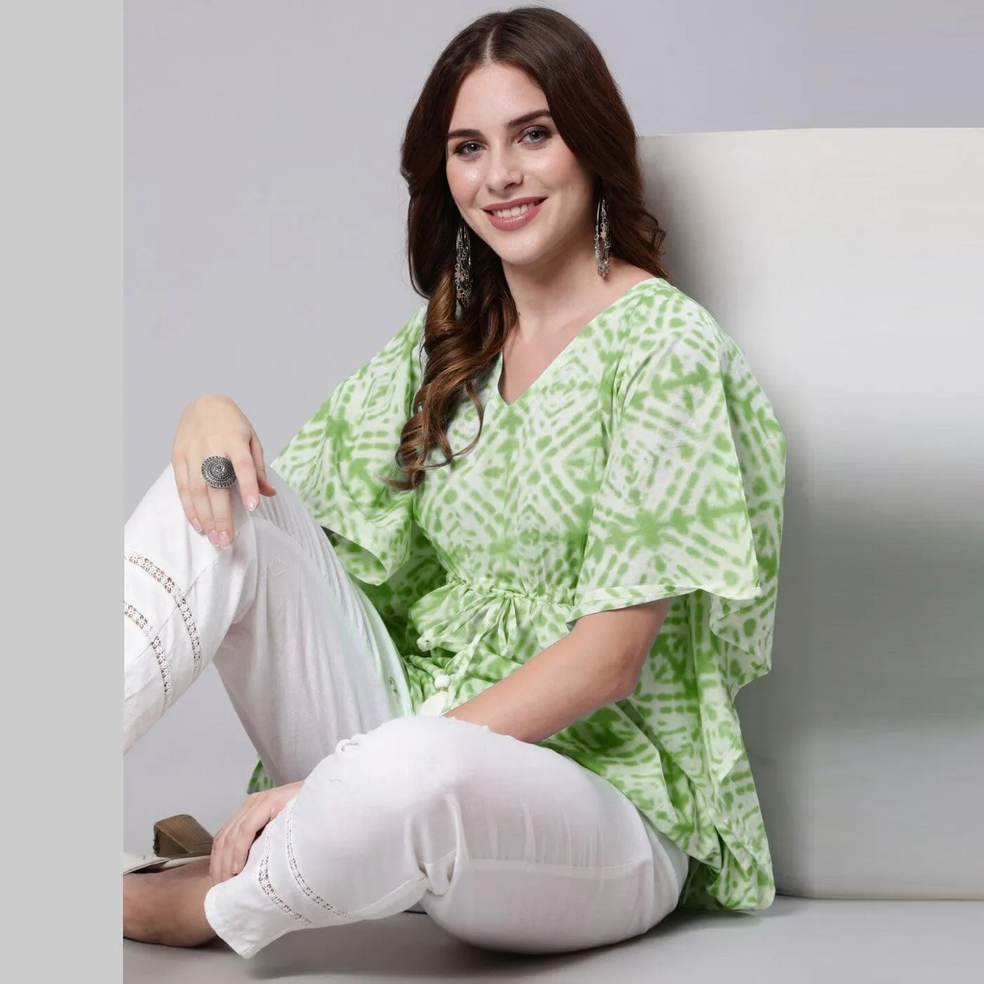 Light Green Tie And Dye Print Cotton Kaftan Dress (SHKUP1208)